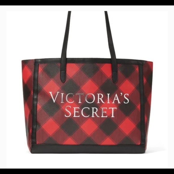 VICTORIA’S SECRET LIMITED EDITION 2021 CARRYALL RED & BLACK BUFFALO PLAID TOTE - Picture 2 of 5